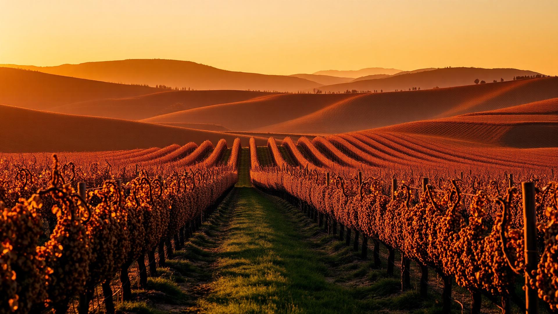 Spanish vineyard rows at golden hour in Rioja