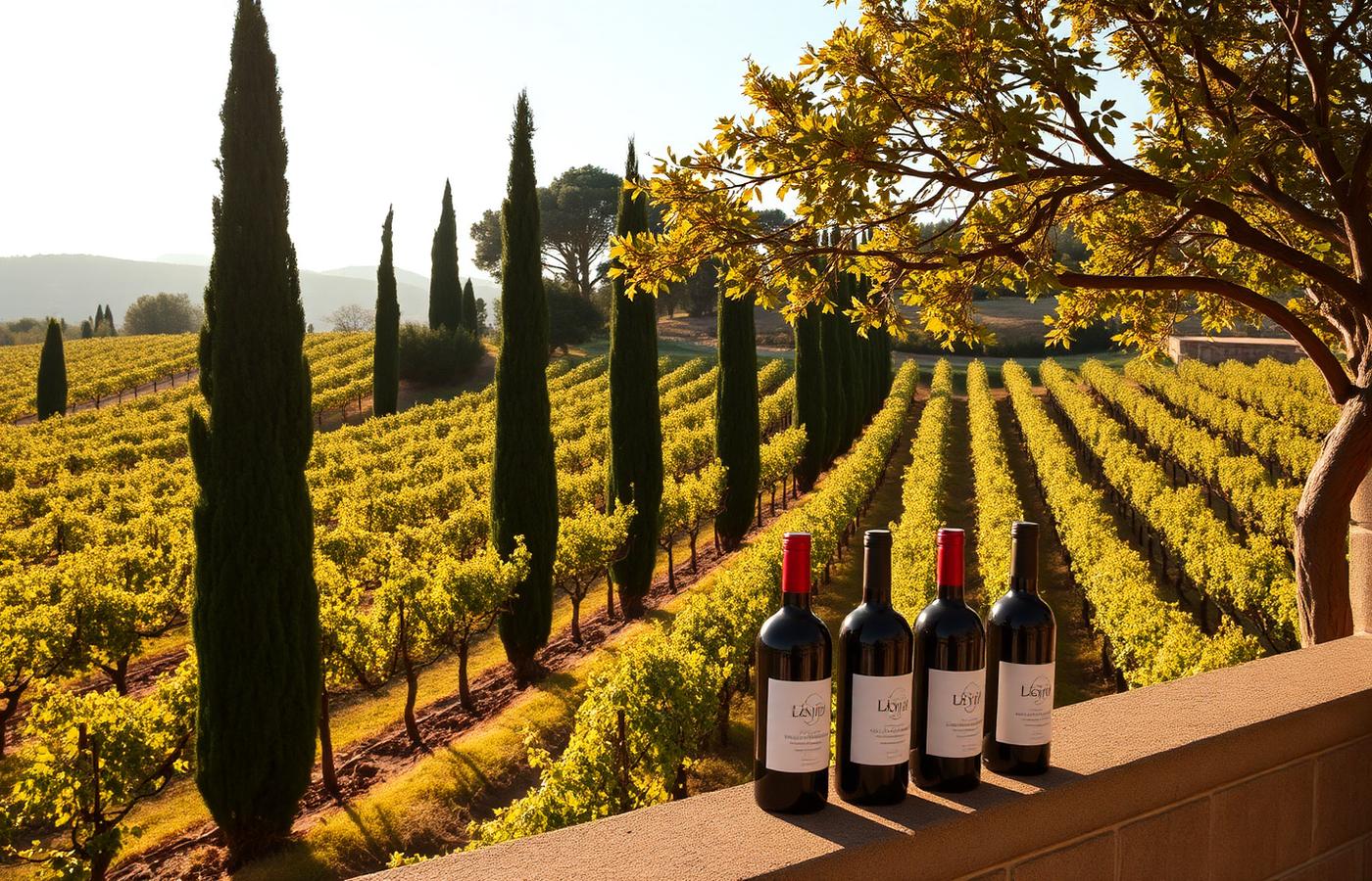 Italian vineyard in Tuscany with bottles of red wine on a stone ledge