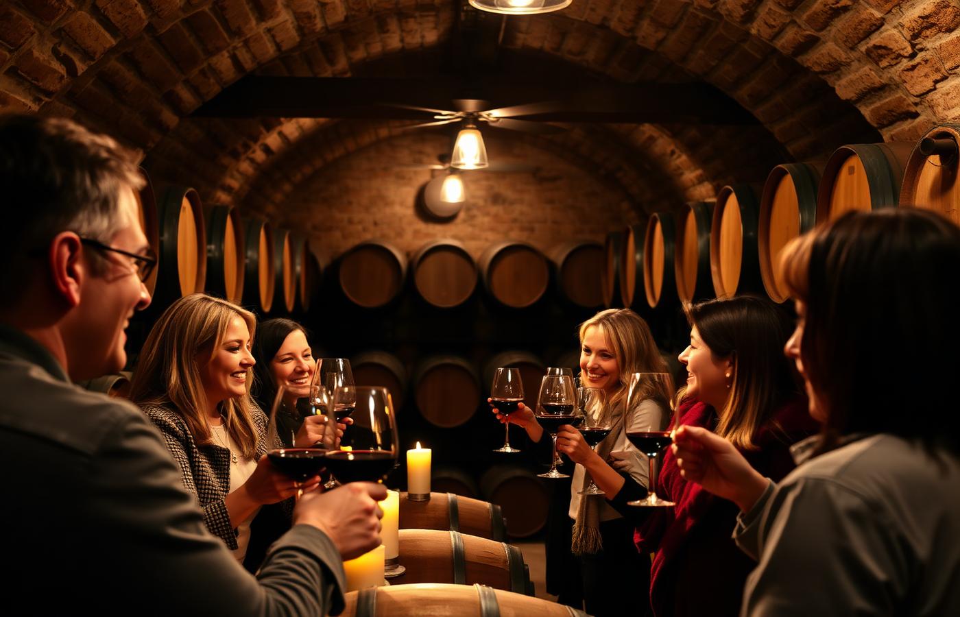 Wine tasting in a Spanish bodega cellar surrounded by oak barrels